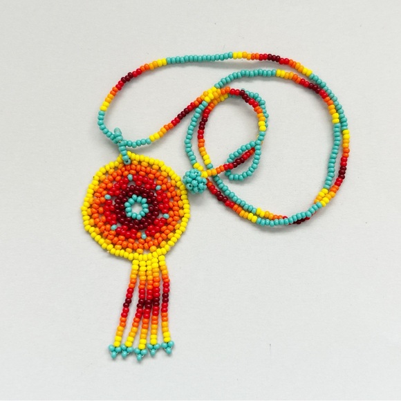 Striking Colorful Beaded Medallion Necklace - Picture 10 of 10